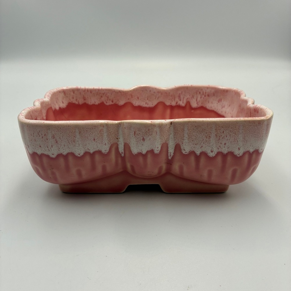 Vintage UPCO USA 104 Pink Drip Glaze Scalloped Ceramic Planter Mid Century Decor